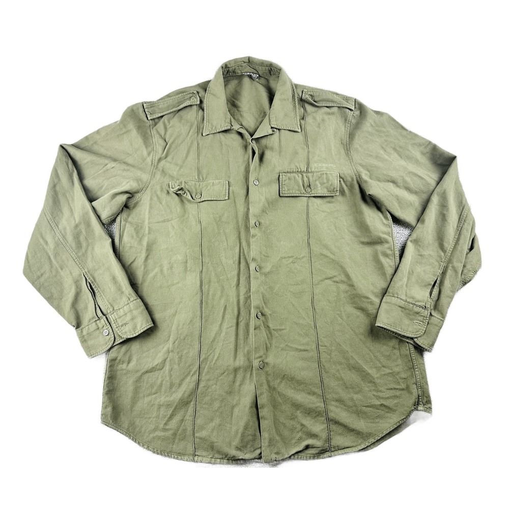 Vintage Iceberg Jeans Military Shirt Men XL Green Long Sleeve Italy Safari Urban